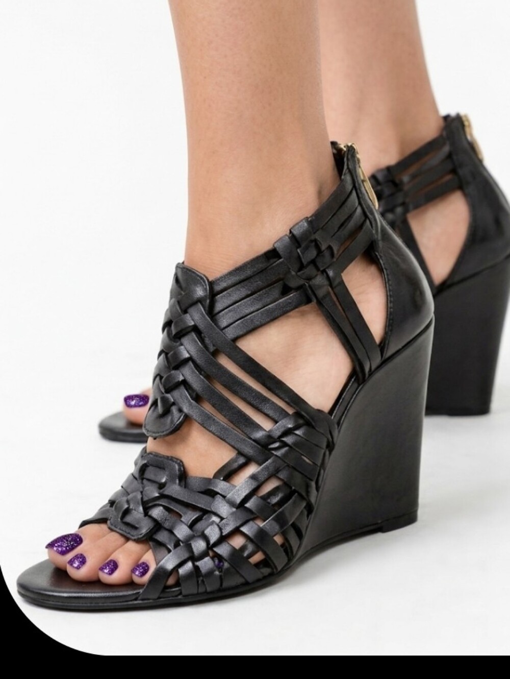 Tory Burch Black Woven Leather Gladiator Wedge Sandals Heels - Women’s 9.5M